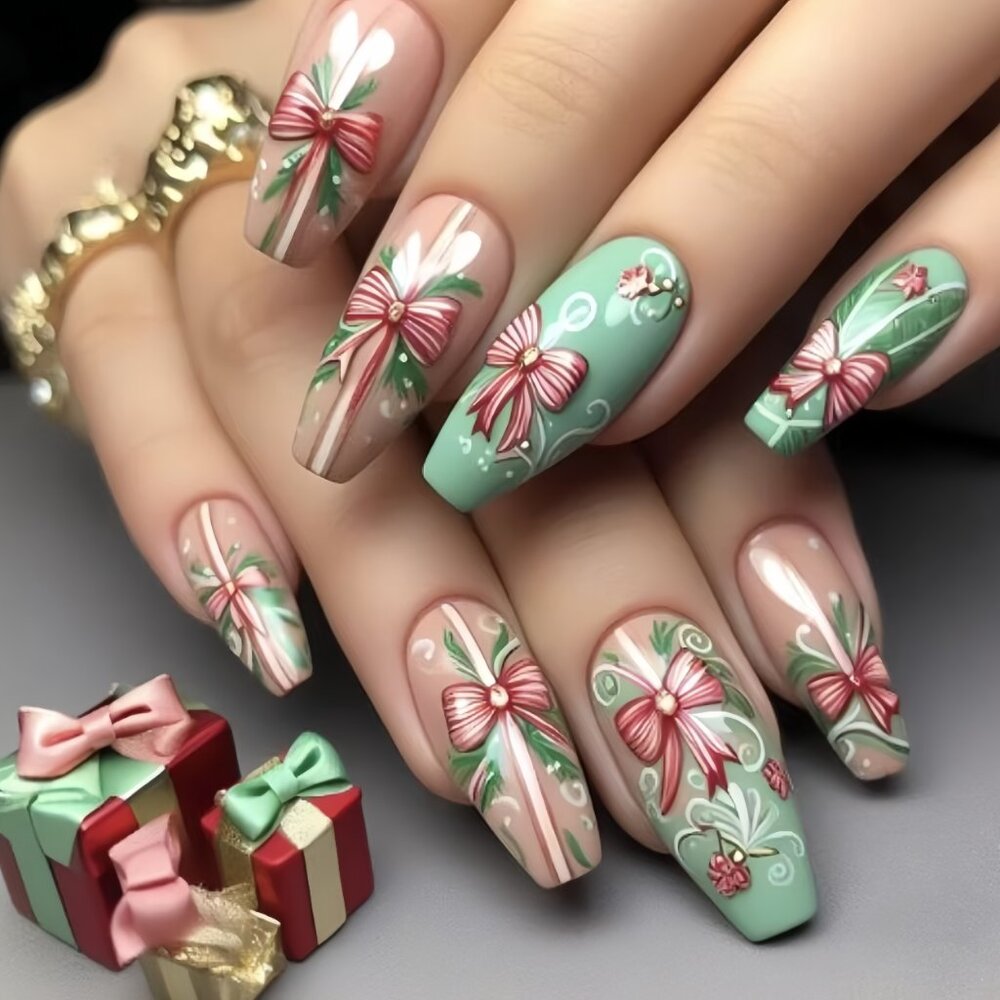Press-On Nails Set, Christmas Gift Box Bow Design, Green & Mixed Color, Oval